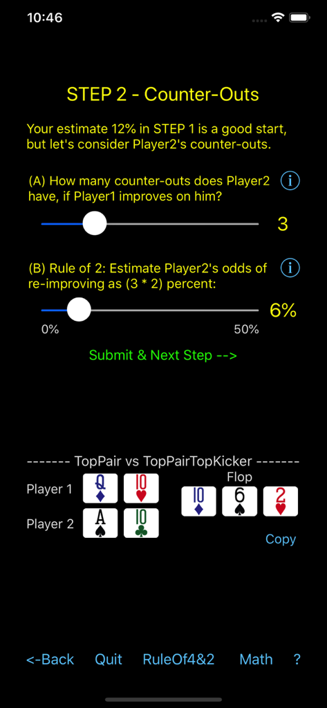 Ein Bildschirm aus der Poker Odds Teacher App, der eine schrittweise Berechnung von Gegen-Outs für eine Texas Hold’em-Hand demonstriert.