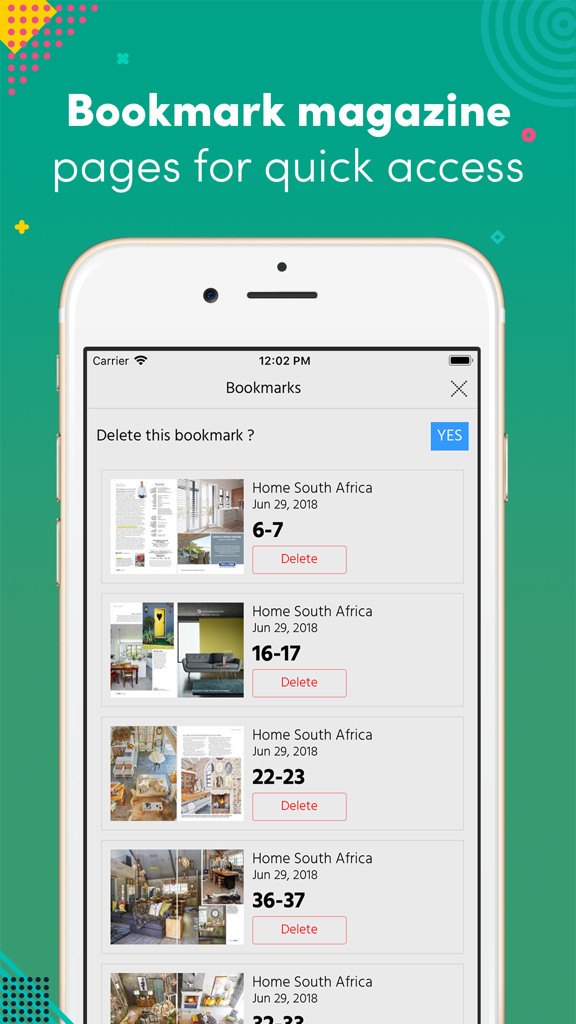 Home South Africa - Screenshot of the bookmarks page in the Home South Africa magazine app showing saved pages and articles