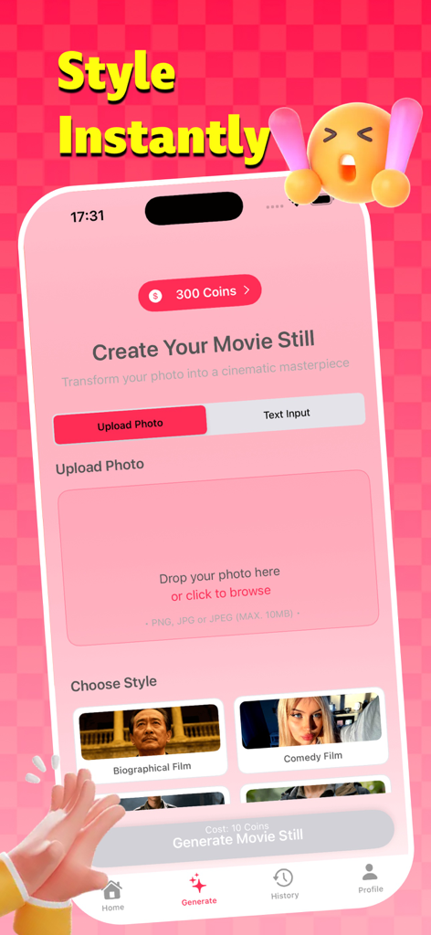 Wolla_ - Wolla app interface for creating cinematic movie stills from uploaded photos using AI styles