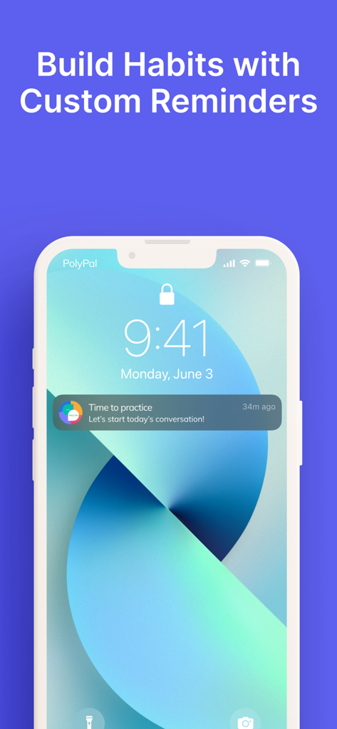 PolyPal English: Speak AI Chat - Smartphone lock screen displaying a PolyPal app notification reminder to start daily English conversation practice