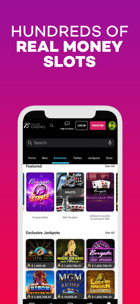 Borgata Casino app screen showing various real money slot and jackpot games.