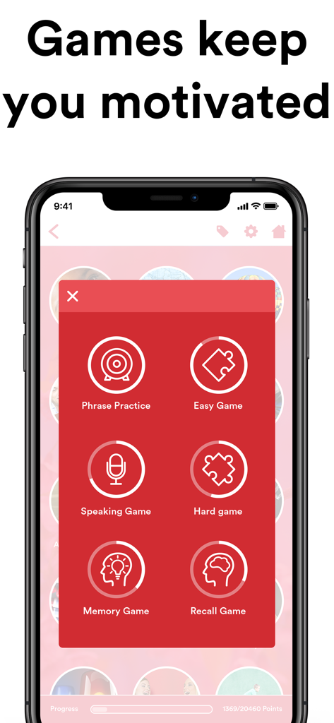 Smartphone screen showing uTalk language learning games like Phrase Practice and Speaking Game