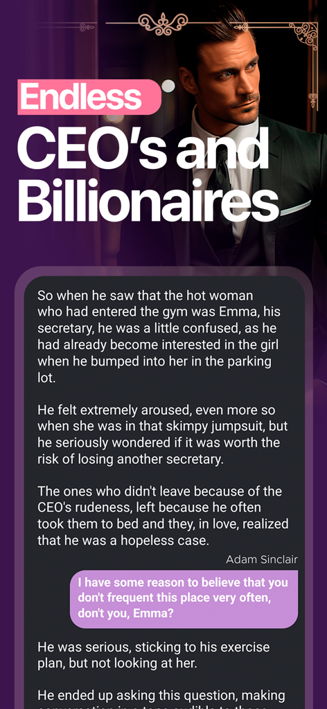 Interactive Stories - TellMe - Una captura de pantalla de una historia de chat de romance de multimillonarios de la aplicación TellMe.