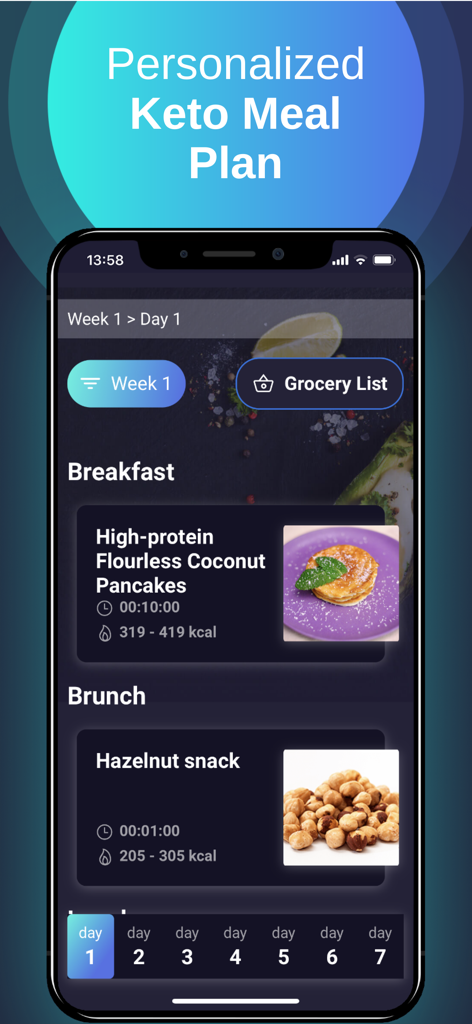 Your Keto Diet - Your Keto Diet app interface showing a personalized daily meal plan with breakfast and snack recipes