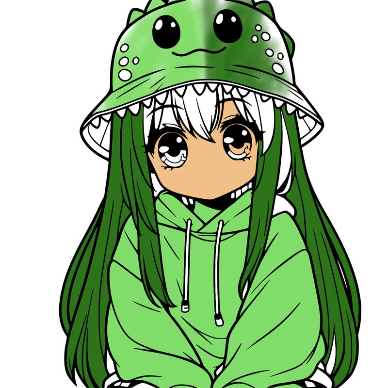 girl with anime shaped eyes with a dinosaur bucket hat oversized sweatshirt long straight hair