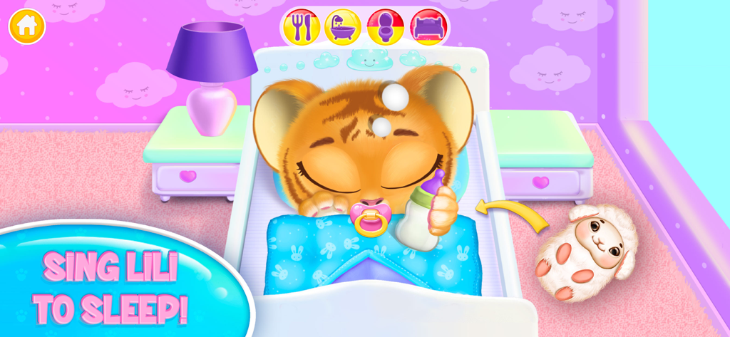Baby tiger Lili sleeping in a bed with a bottle and a plush sheep