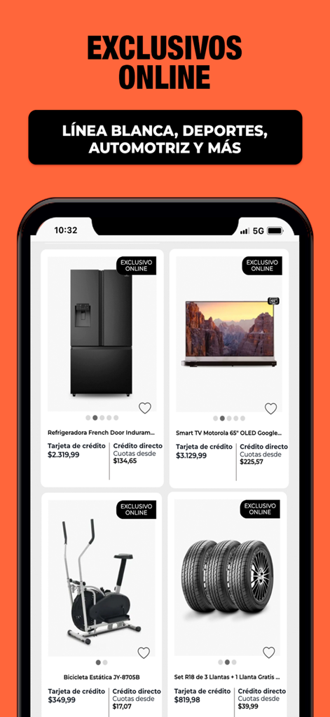 ETAFASHION - Interfaz de la app ETAFASHION mostrando ofertas exclusivas en línea de electrodomésticos, televisores, equipo deportivo y neumáticos de automóviles con opciones de pago a crédito.