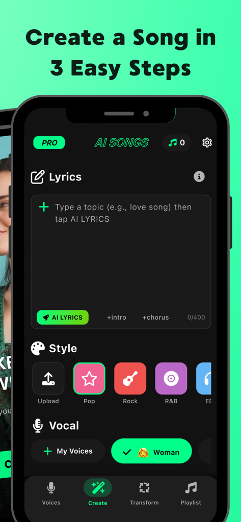 AI Song Generator & Maker Pro - User interface of the AI Song Generator app showing lyrics input and music style selection.