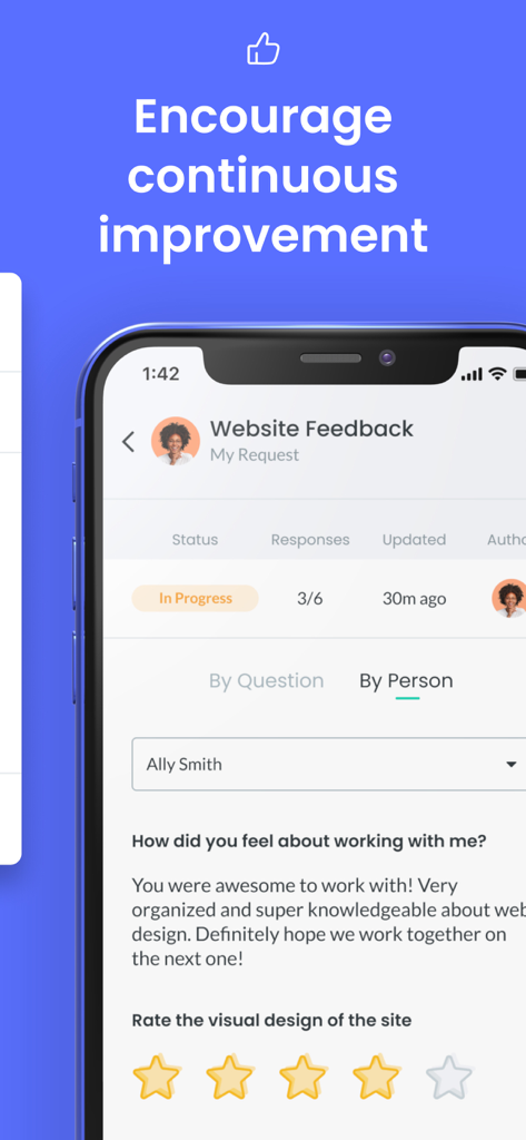 Fellow.app - Mobile screenshot of Fellow app showing a feedback report with star ratings and user comments for continuous improvement