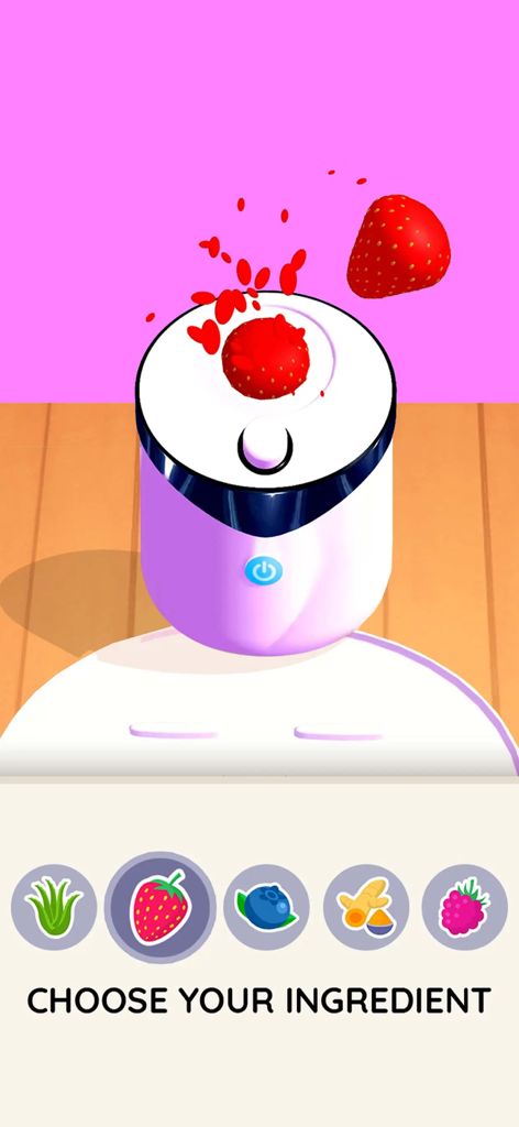 DIY Makeup - A screen from the DIY Makeup app showing a strawberry being added to a mixer with other fruit ingredient options below.