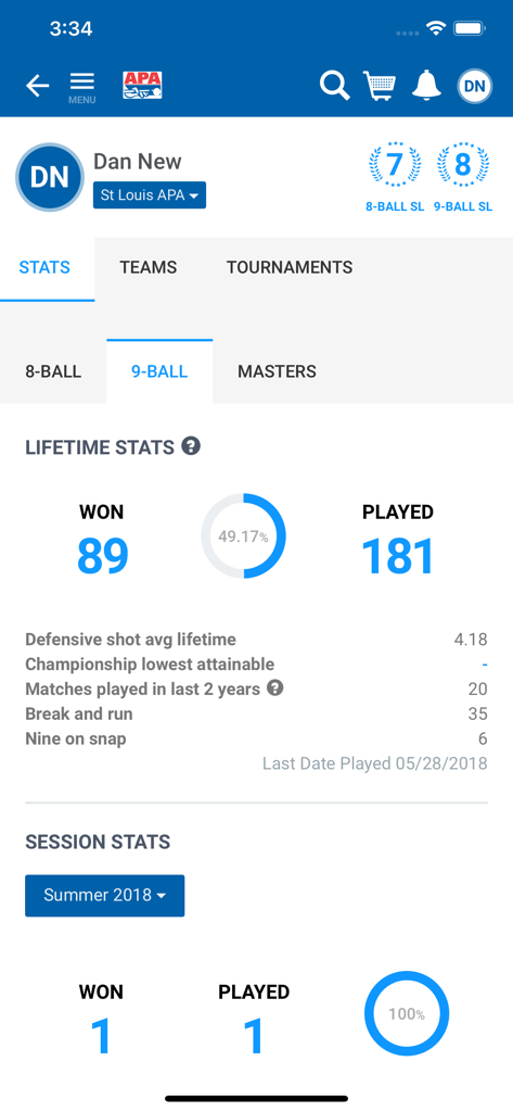 APA Pool League - APA Pool League app player profile displaying detailed lifetime and session statistics including skill levels