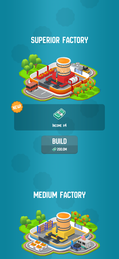 Soda Inc: Idle Tycoon - Uma tela de Soda Inc: Idle Tycoon mostrando opções para construir fábricas de refrigerantes Superior e Média