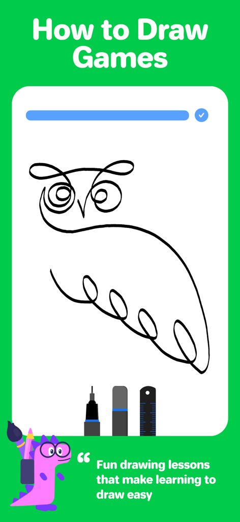Drawing Desk:Learn to Draw App - An owl sketch within the Drawing Desk app's game-like learning interface.