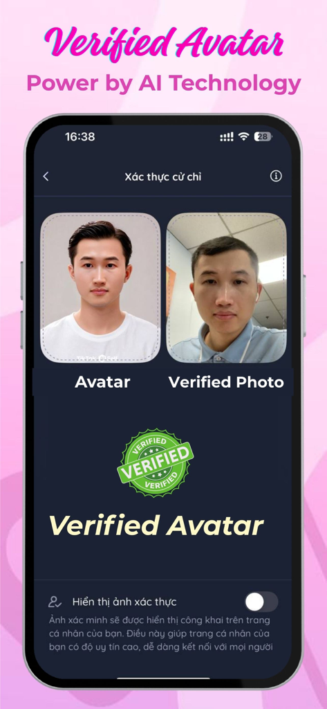 Falo: Dating Video Chat - Falo dating app AI verification screen showing a comparison between a profile avatar and a verified photo