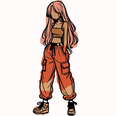 girl in baggy pants crop top and long hair