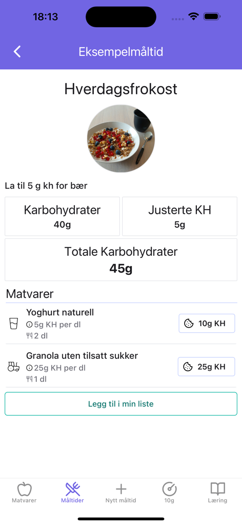 Schermata di riepilogo del pasto nell'app Karbo and Insulin che mostra i calcoli dei carboidrati per una colazione