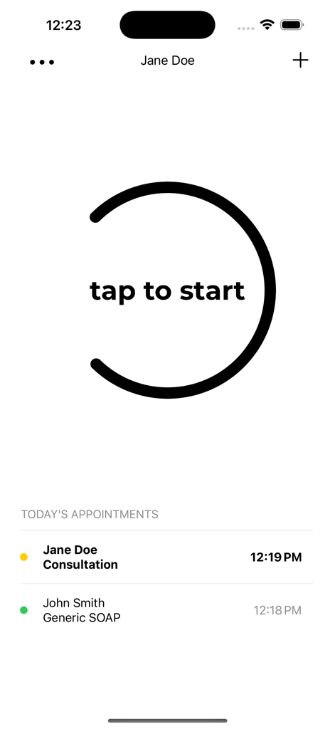 Lume Scribe-Mobile-Oberfläche mit Tipp-zu-Start-Button und Liste täglicher Patiententermine