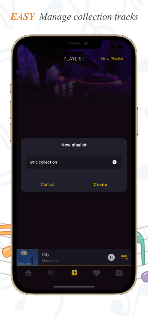 Player FF - Smartphone screen of Player FF app showing the interface to create a new music playlist
