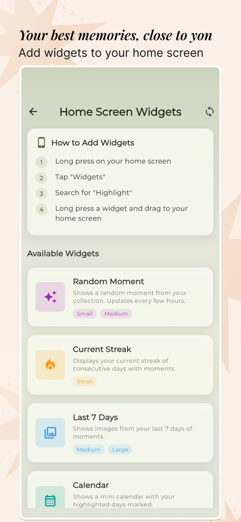 A menu in the Highlight app showing options for home screen widgets like Random Moment and Current Streak