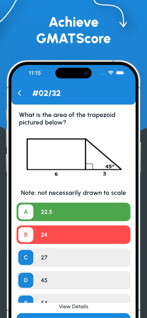 Oberfläche einer mobilen App, die eine quantitative Übungsfrage für den GMAT zum Flächeninhalt eines Trapezes mit Multiple-Choice-Optionen zeigt.