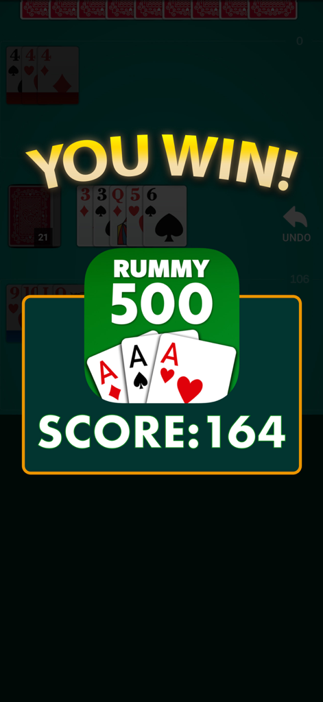 Tela de vitória para o jogo de cartas Rummy 500 mostrando uma mensagem de vitória e uma pontuação de 164