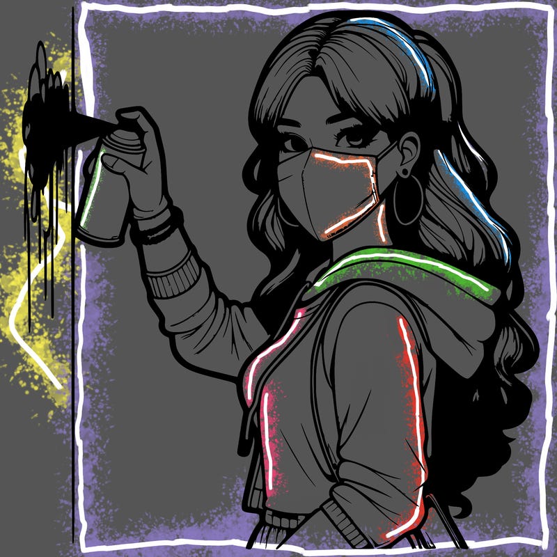 realistic girl with mask spray painting a wall