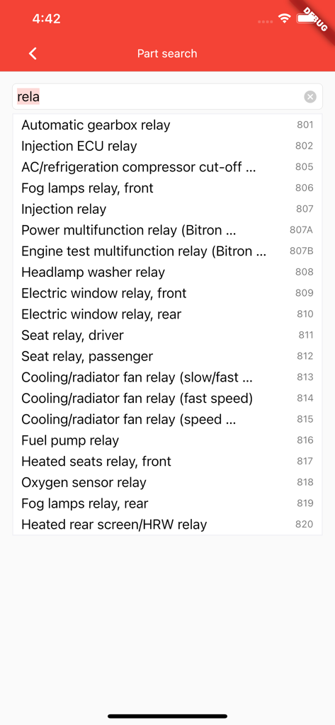 Xm Diagrams - Part search screen in the Xm Diagrams app listing various automotive relays and their position numbers