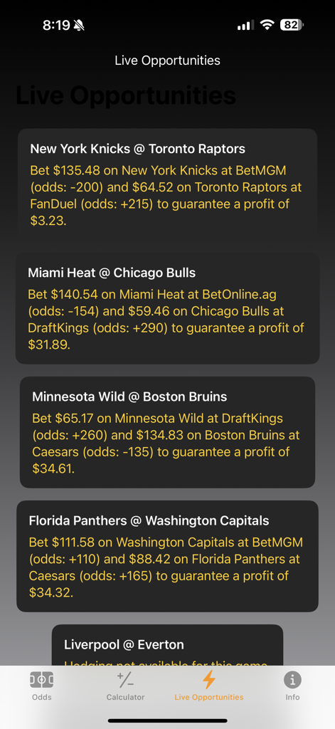 Live Sports Arbitrage - Mobile app screen showing a list of live sports betting arbitrage opportunities with guaranteed profit calculations