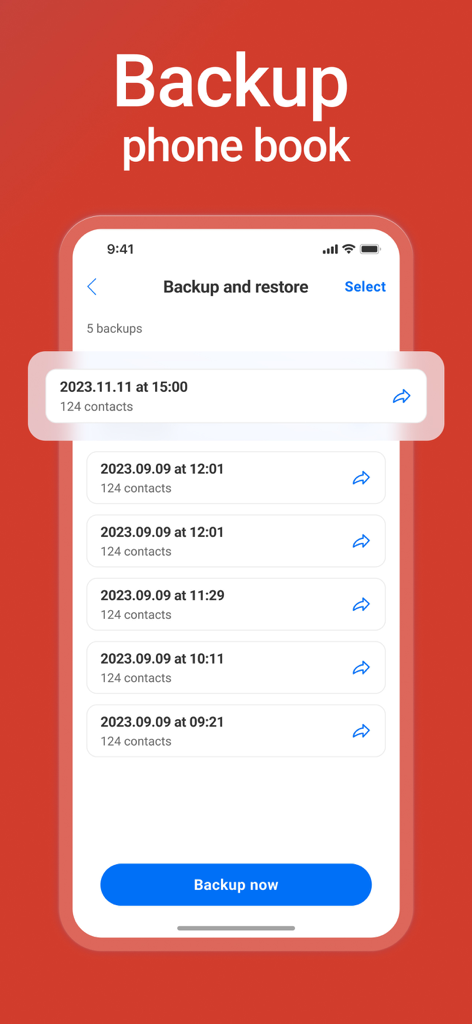 Interfaz de la aplicación móvil CCleaner que muestra opciones para respaldar y restaurar contactos de la agenda telefónica