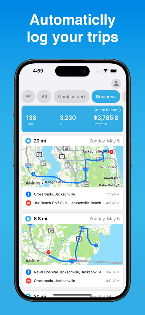 Schermata dello smartphone che mostra i viaggi di lavoro tracciati automaticamente su una mappa con chilometraggio e valori di detrazione fiscale