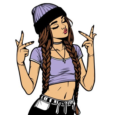 realistic teenage girl with braids and a beanie and crop top doing 🫶🏼