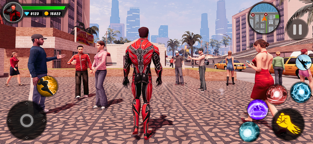 GT Gangster Monster Survival - Gameplay-Bildschirm eines roten gepanzerten Superhelden, der in einer Stadt mit verschiedenen Aktionsschaltflächen und einer Minikarte steht