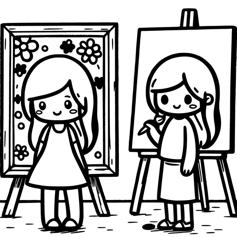 make a girl with a painting of her next to a painting of her next to a painting