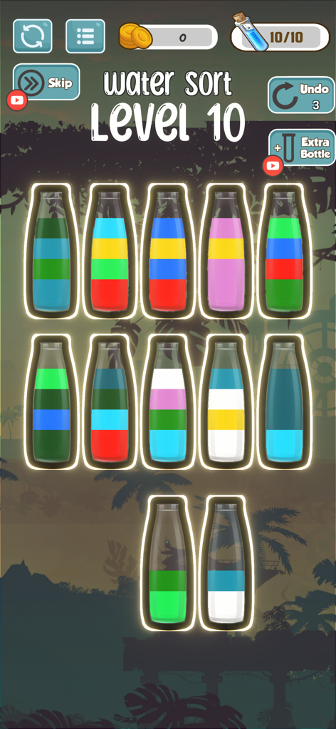 Water Sort Master: Bottle Fill - Gameplay screenshot of Water Sort Master showing colorful liquids in bottles at Level 10 with a jungle background.