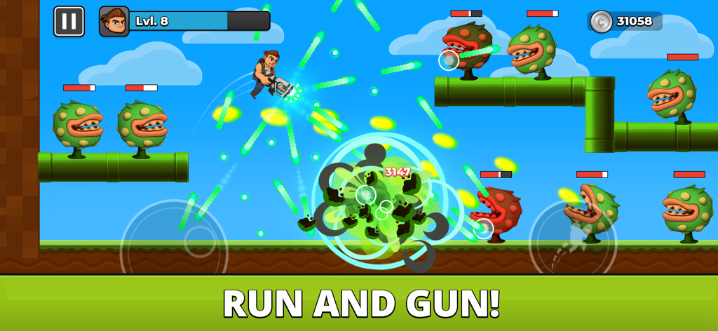 Mr. Autofire character jumps and shoots at alien plant monsters in a colorful 2D platformer level