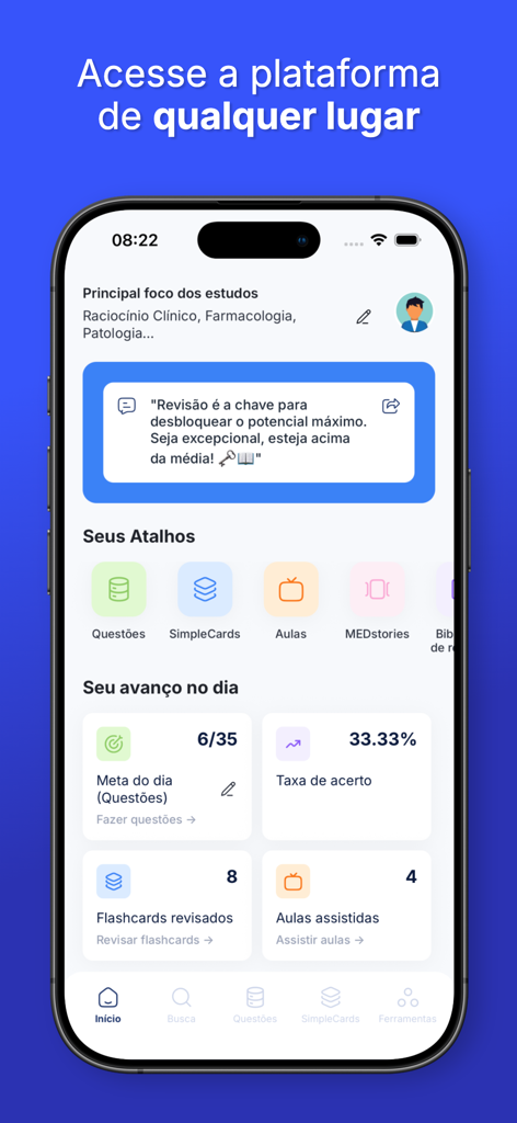 MEDsimple app dashboard displaying daily study progress and shortcuts