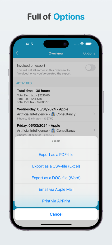 Freelance bookkeeping - Interfaz de la aplicación Contabilidad freelance que muestra el resumen de actividad y las opciones de exportación de documentos.