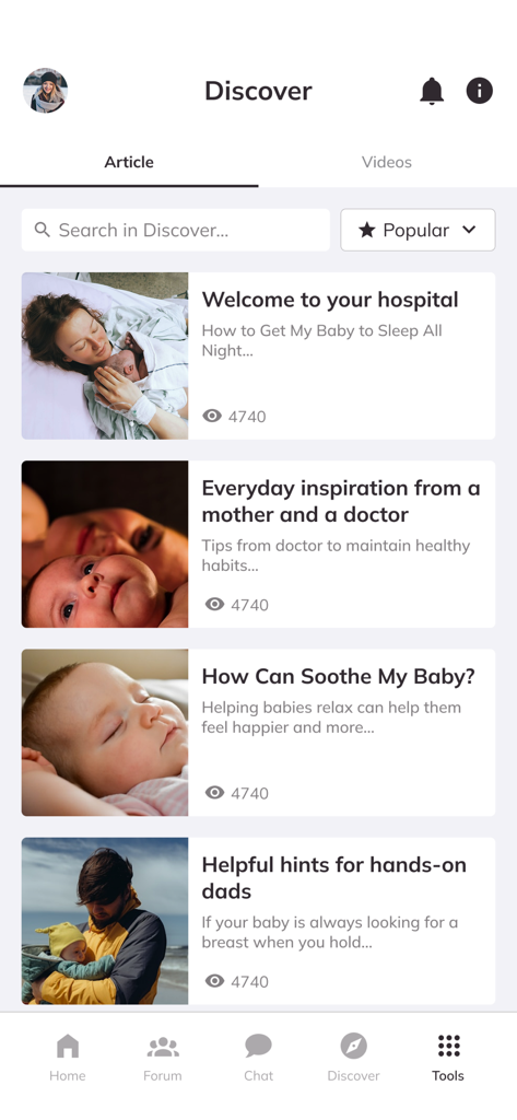 The Discover screen of the EVE maternity app displaying a list of educational articles for new parents including baby sleep and soothing tips