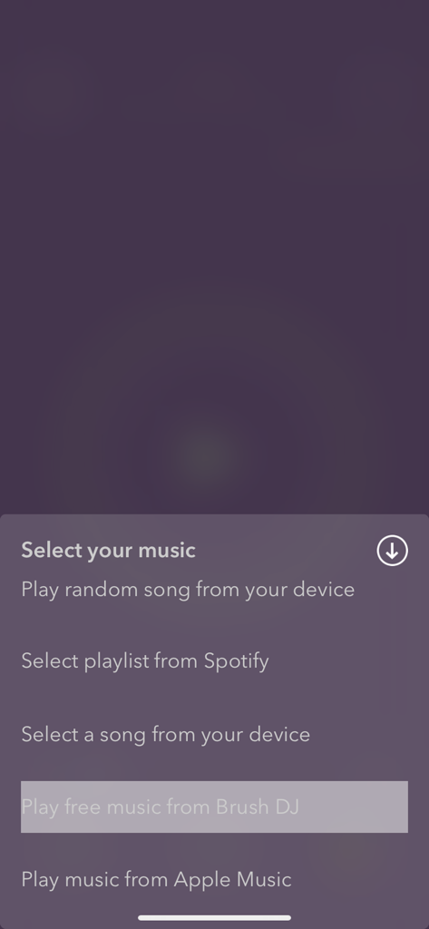 Brush DJ - Music selection menu in the Brush DJ app featuring Spotify Apple Music and device song options