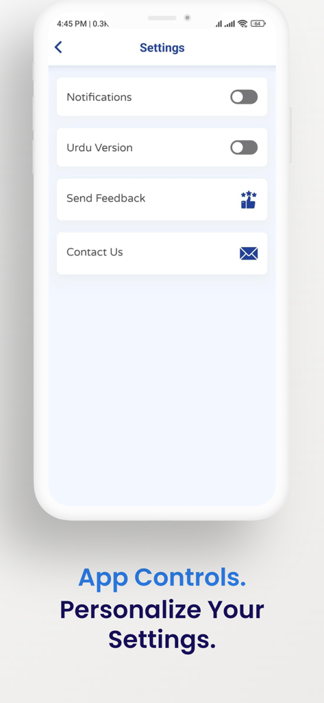 Tela de configurações do aplicativo Geo News Official mostrando opções para notificações, versão em urdu, feedback e contato.