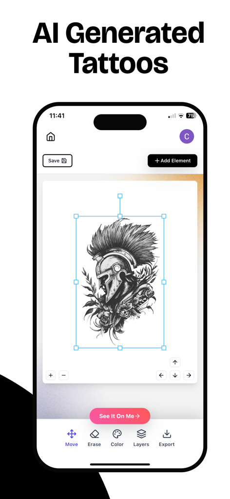 Tatship: Tattoo Planner Maker - Interface of Tatship app showing an AI generated Spartan helmet tattoo design with editing tools and a See It On Me button.