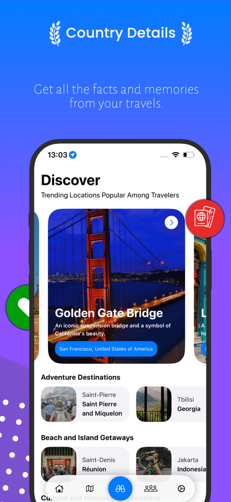 Travu: Countries You've Been - Travu app Discover screen featuring the Golden Gate Bridge and suggested travel destinations