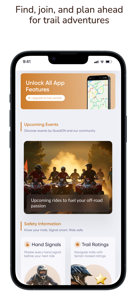 The QuadON app interface showing upcoming community events and safety information for ATV trail riders