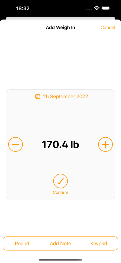 Weigh In: Weight Tracker - Mobile interface for the Weigh In app showing a screen to manually add a weight entry of 170.4 pounds