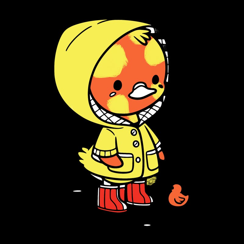 baby duck in a rain coat and boots, in a puddle while it’s raining