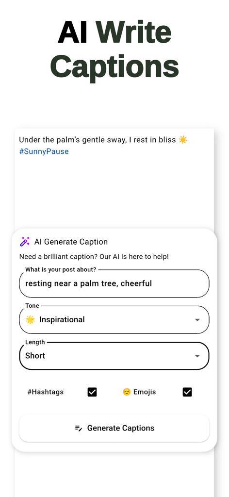 Feed Preview Planner IG・InPlan - AI caption generator interface for Instagram posts featuring tone and length customization options