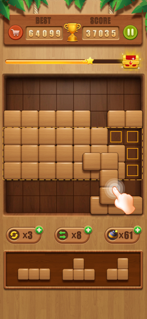 Wood Merge ：Block 3D - Gameplay screen of Wood Merge Block 3D showing wooden blocks on a grid