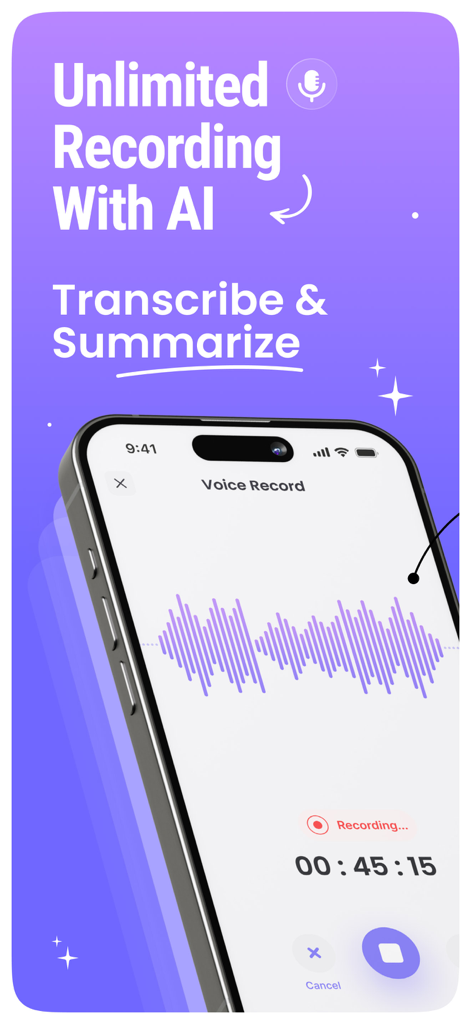 AI Meeting Note Taker - NoteAI - Interfaccia dell'app NoteAI che mostra una registrazione vocale attiva con funzioni per la trascrizione e il riepilogo AI