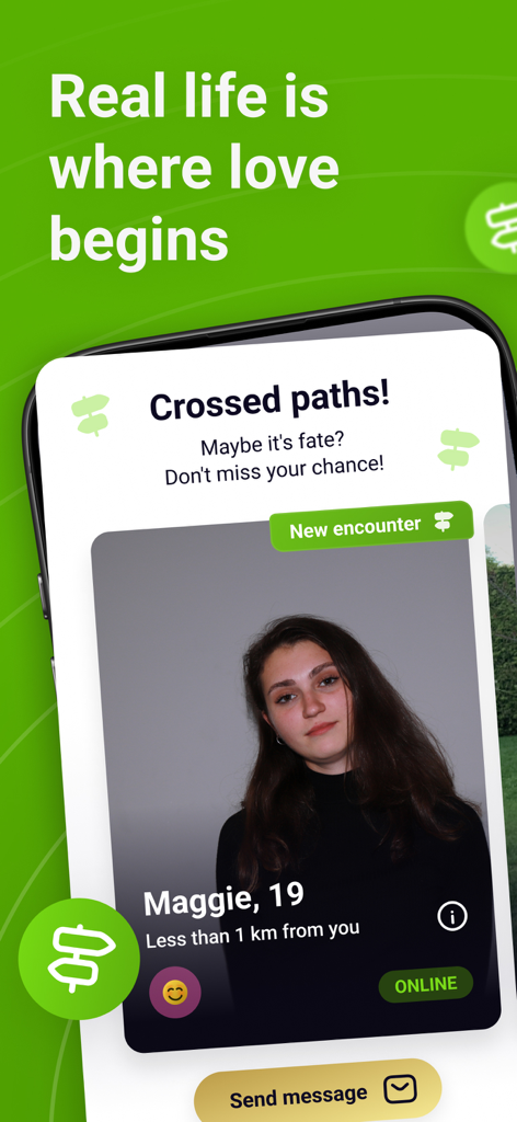 meet2more – dating and chat - Interface of meet2more dating app showing the Crossed Paths feature with a profile of a nearby user