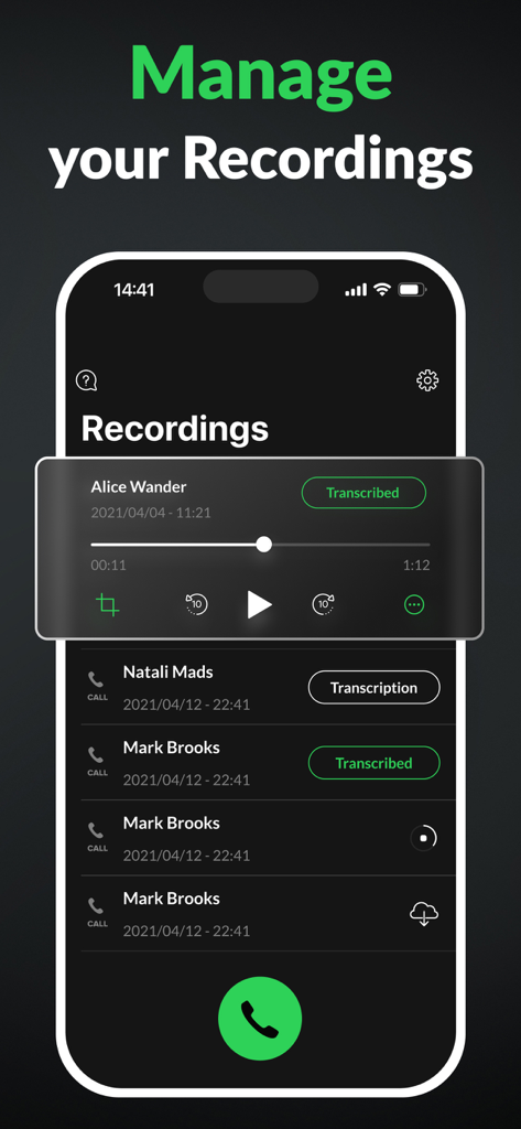 Call Recorder for iPhone. - Interface de l'application Enregistreur d'appels sur iPhone montrant une liste d'appels enregistrés avec le statut de transcription et les contrôles de lecture.